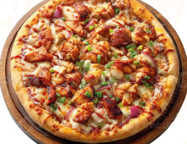Chicken pizza on a wooden board